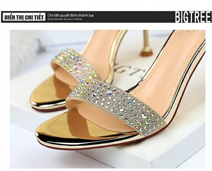 Giày Sandal Cao Gót Nữ Hở Ngón Quai Một Dây Đính Đá Gót Cao 8cm Màu Vàng, Hồng, Đen, Bạc chi tiết 38