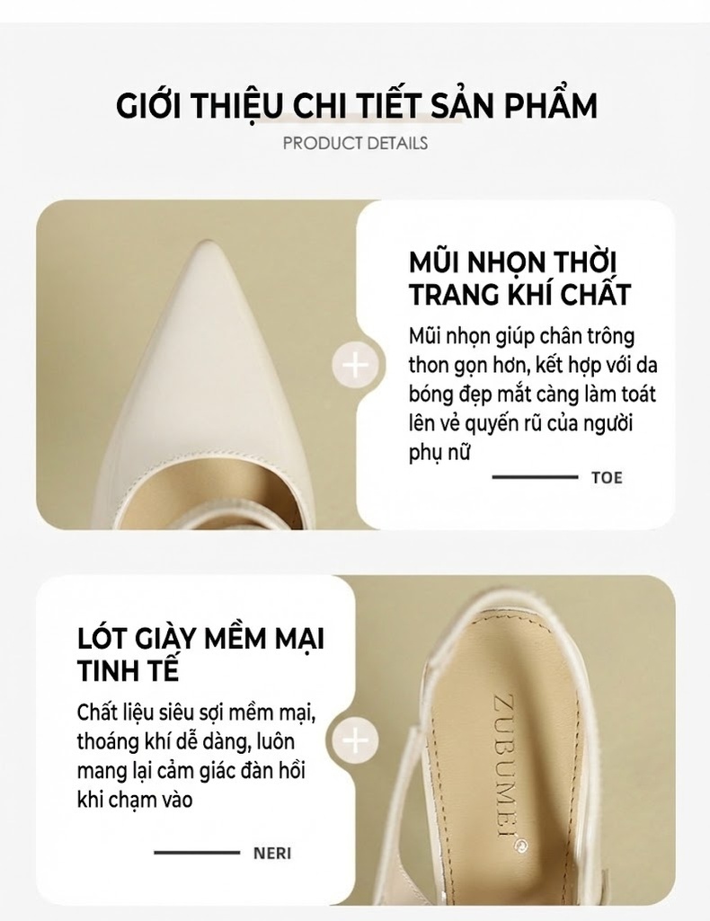 Giày Sandal Cao Gót Nữ Mũi Nhọn Hở Gót Quai Mảnh Da Bóng Gót Cao 8cm Màu Kem, Trắng chi tiết 3