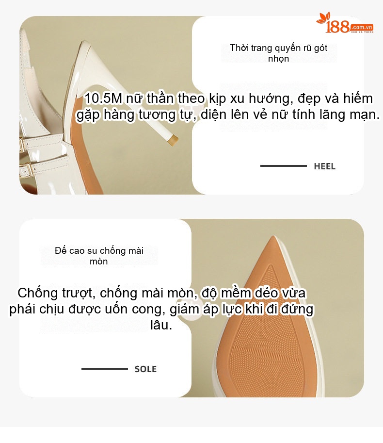 Giày Sandal Cao Gót Nữ Mũi Nhọn Hở Gót Quai Mảnh Da Bóng Gót Cao 8cm Màu Kem, Trắng chi tiết 4