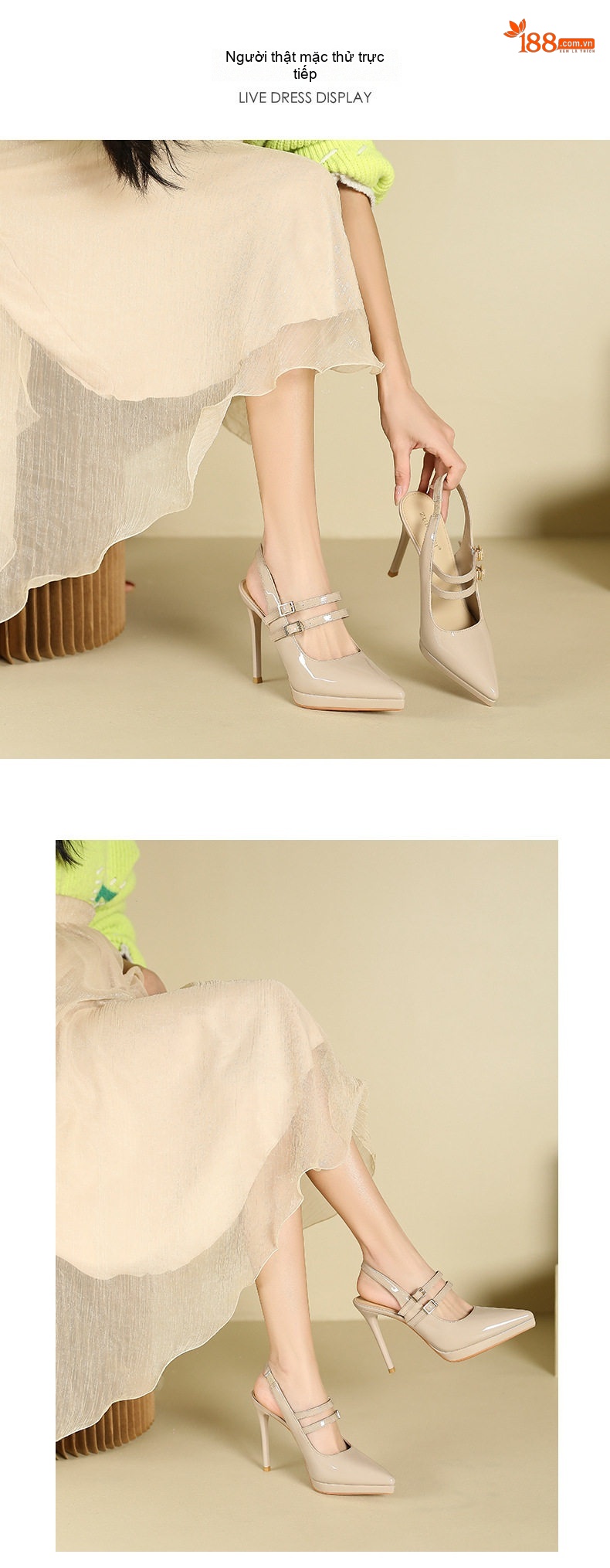 Giày Sandal Cao Gót Nữ Mũi Nhọn Hở Gót Quai Mảnh Da Bóng Gót Cao 8cm Màu Kem, Trắng chi tiết 5