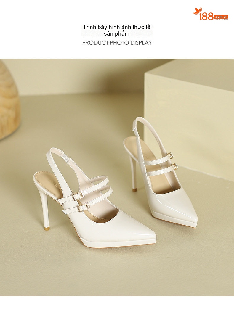 Giày Sandal Cao Gót Nữ Mũi Nhọn Hở Gót Quai Mảnh Da Bóng Gót Cao 8cm Màu Kem, Trắng chi tiết 9