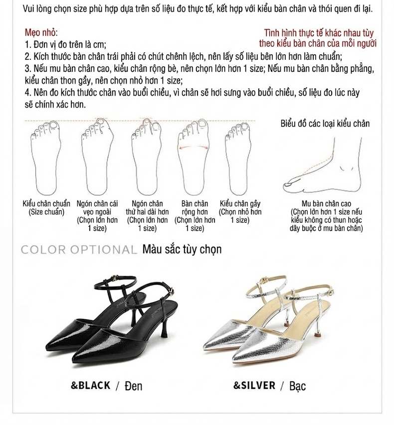 Giày Sandal Cao Gót Nữ Mũi Nhọn Hở Gót Quai Mảnh Gót Cao 7cm - 8cm Màu Đen, Bạc chi tiết 2