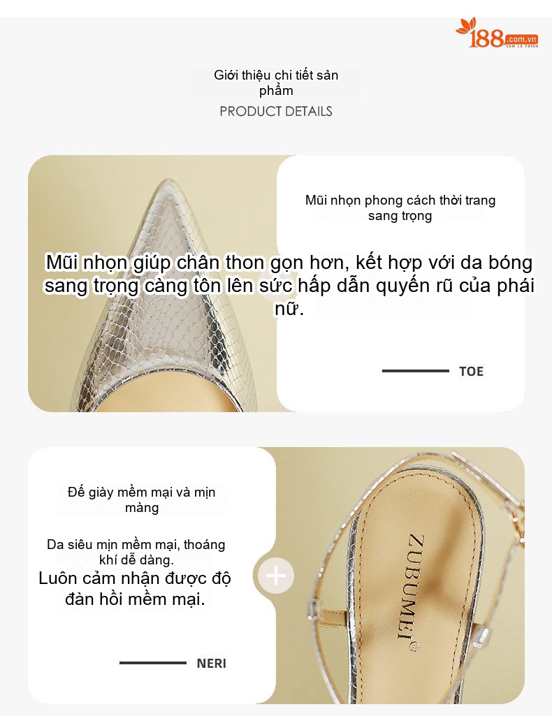 Giày Sandal Cao Gót Nữ Mũi Nhọn Hở Gót Quai Mảnh Gót Cao 7cm - 8cm Màu Đen, Bạc chi tiết 3