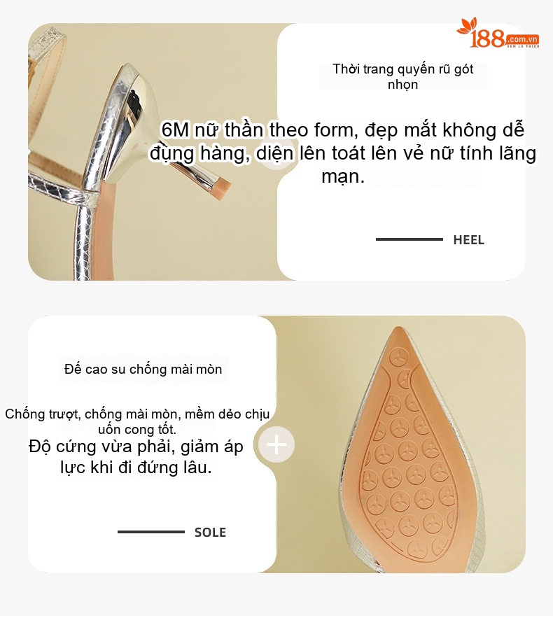 Giày Sandal Cao Gót Nữ Mũi Nhọn Hở Gót Quai Mảnh Gót Cao 7cm - 8cm Màu Đen, Bạc chi tiết 4