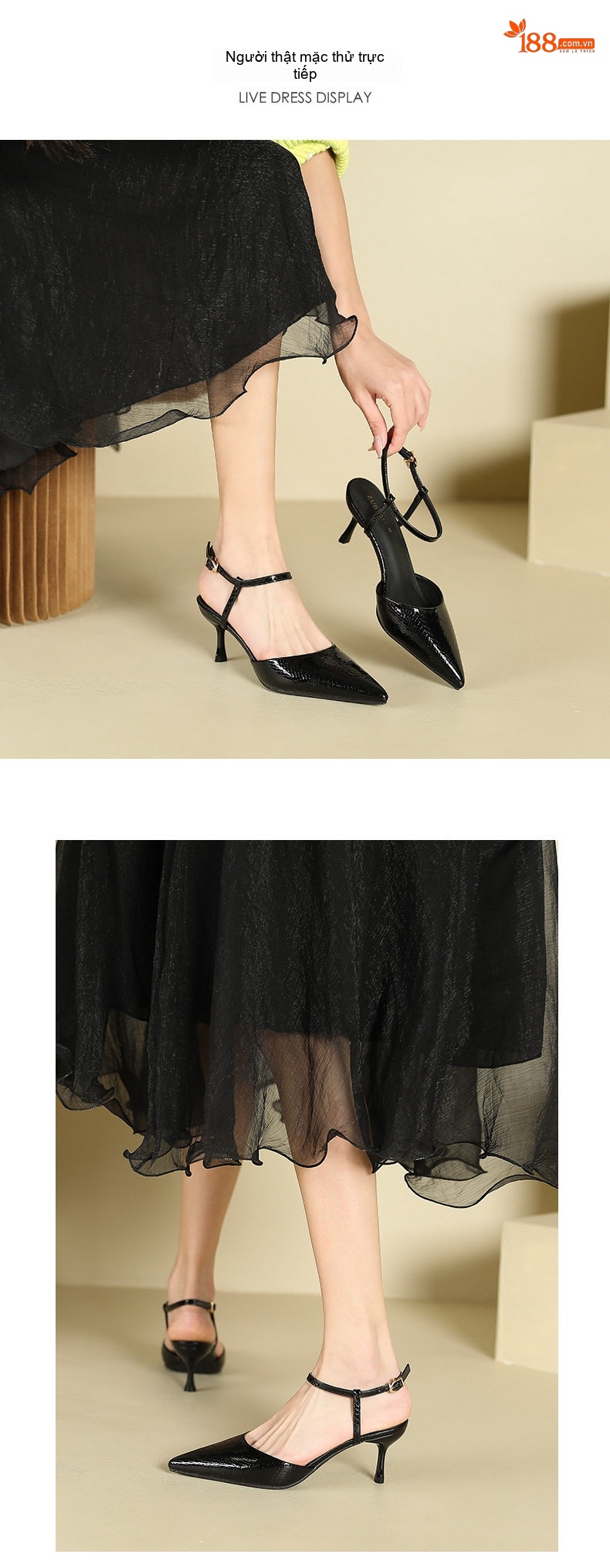 Giày Sandal Cao Gót Nữ Mũi Nhọn Hở Gót Quai Mảnh Gót Cao 7cm - 8cm Màu Đen, Bạc chi tiết 5