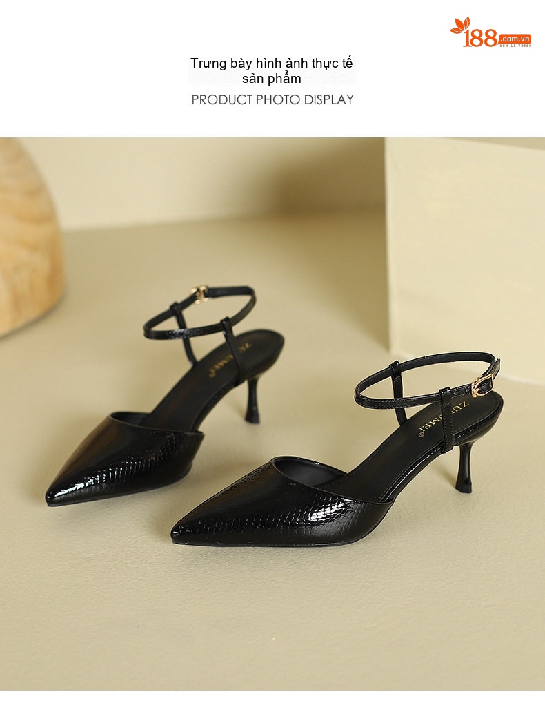 Giày Sandal Cao Gót Nữ Mũi Nhọn Hở Gót Quai Mảnh Gót Cao 7cm - 8cm Màu Đen, Bạc chi tiết 9