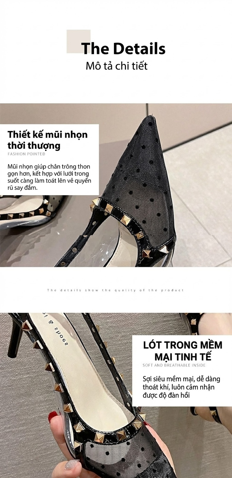 Giày Sandal Cao Gót Nữ Mũi Nhọn Lưới Hở Gót Gót Cao 7cm - 8cm Màu Be, Đen chi tiết 4
