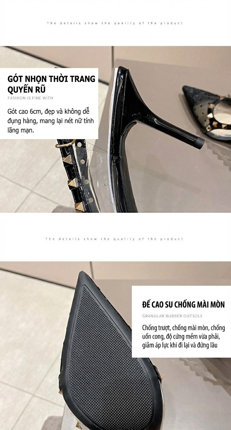 Giày Sandal Cao Gót Nữ Mũi Nhọn Lưới Hở Gót Gót Cao 7cm - 8cm Màu Be, Đen chi tiết 5