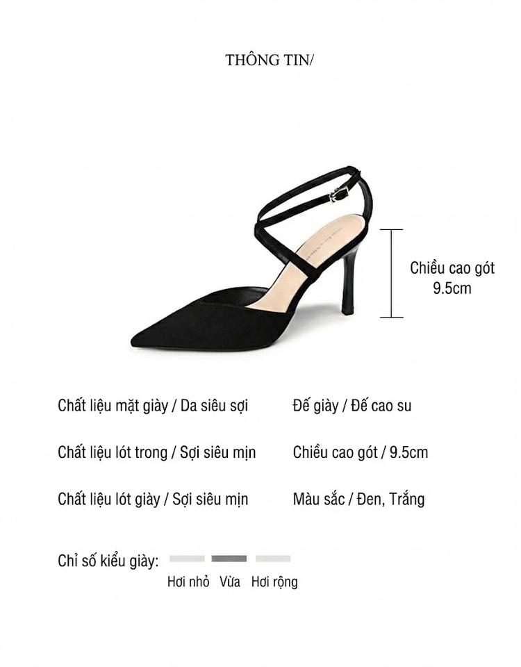 Giày Sandal Cao Gót Nữ Mũi Nhọn Quai Chéo Gót Cao 8cm Màu Đen, Trắng chi tiết 2