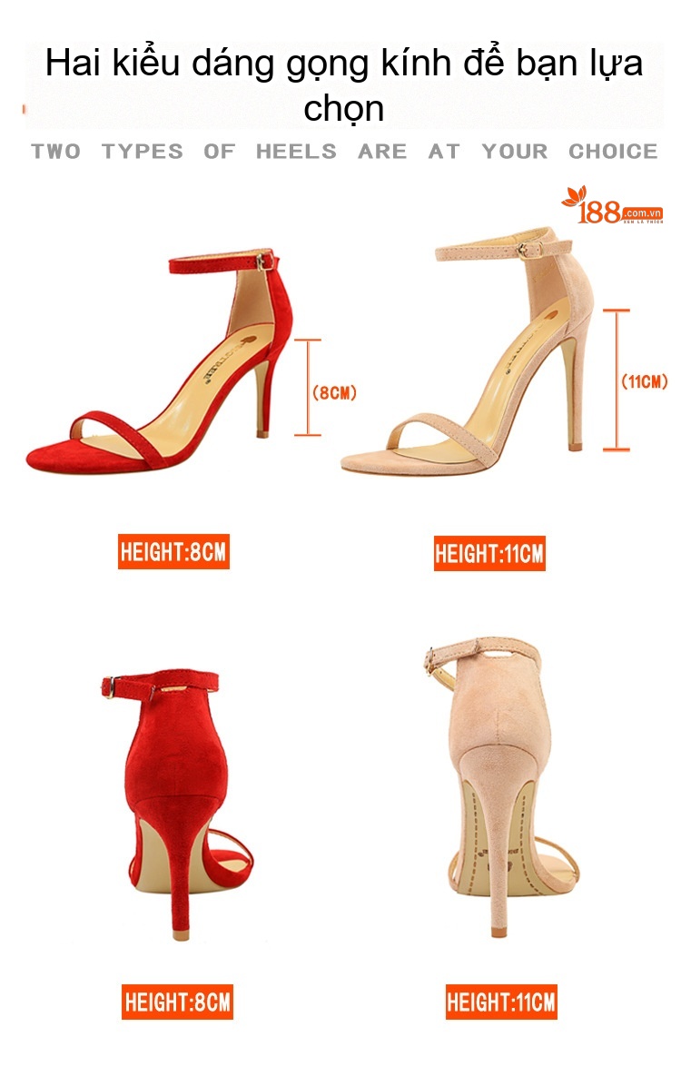 Giày Sandal Cao Gót Nữ Hở Ngón Quai Mảnh Nỉ Gót Cao 8cm - 9cm Màu Đen, Đỏ, Nude, Nâu chi tiết 2