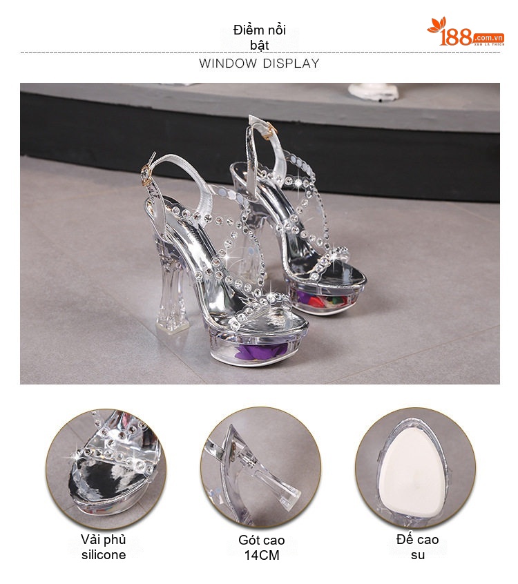 Giày Sandal Cao Gót Nữ Quai Trong Suốt Đính Hạt Gót Cao 10cm - 12cm Màu Đen, Trắng chi tiết 5