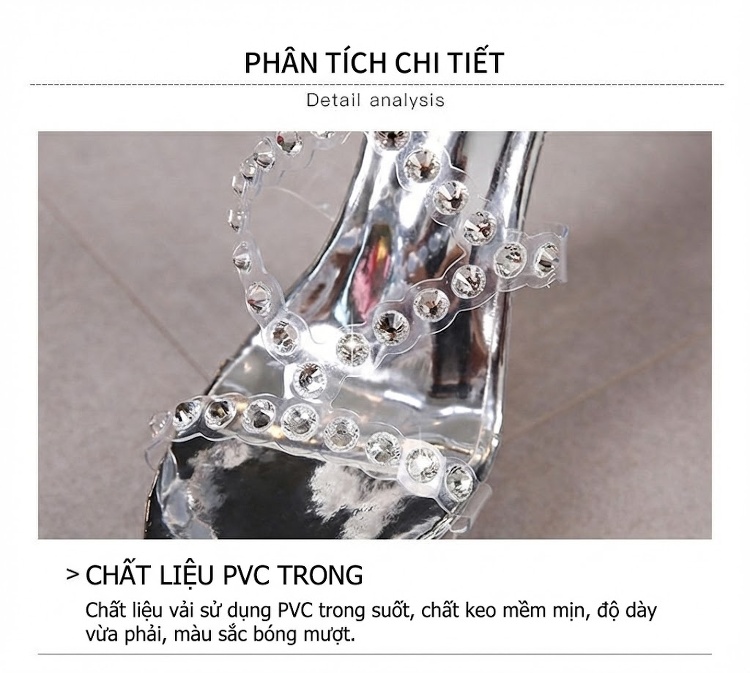 Giày Sandal Cao Gót Nữ Quai Trong Suốt Đính Hạt Gót Cao 10cm - 12cm Màu Đen, Trắng chi tiết 6