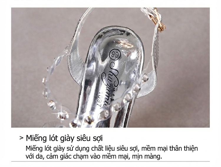 Giày Sandal Cao Gót Nữ Quai Trong Suốt Đính Hạt Gót Cao 10cm - 12cm Màu Đen, Trắng chi tiết 7