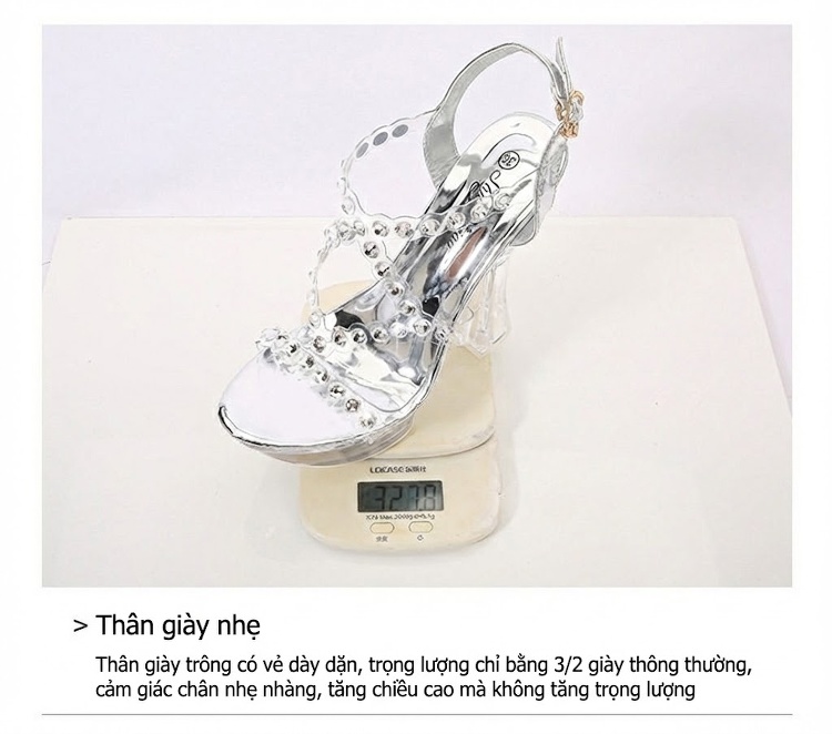 Giày Sandal Cao Gót Nữ Quai Trong Suốt Đính Hạt Gót Cao 10cm - 12cm Màu Đen, Trắng chi tiết 8
