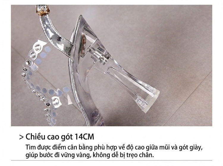 Giày Sandal Cao Gót Nữ Quai Trong Suốt Đính Hạt Gót Cao 10cm - 12cm Màu Đen, Trắng chi tiết 9
