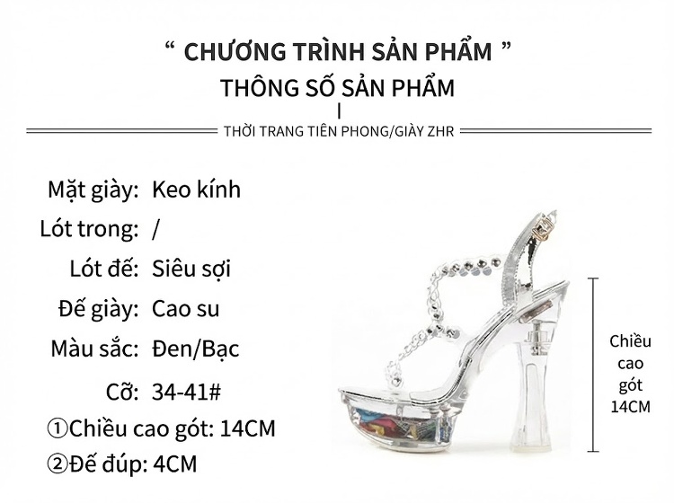 Giày Sandal Cao Gót Nữ Quai Trong Suốt Đính Hạt Gót Cao 10cm - 12cm Màu Đen, Trắng chi tiết 2