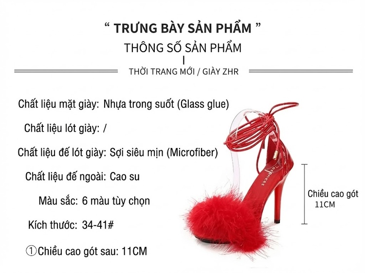 Giày Sandal Cao Gót Nữ Quai Dây Gót Nhọn Đính Lông Gót Cao 11cm Màu Đen, Đỏ, Trắng, Vàng... chi tiết 2