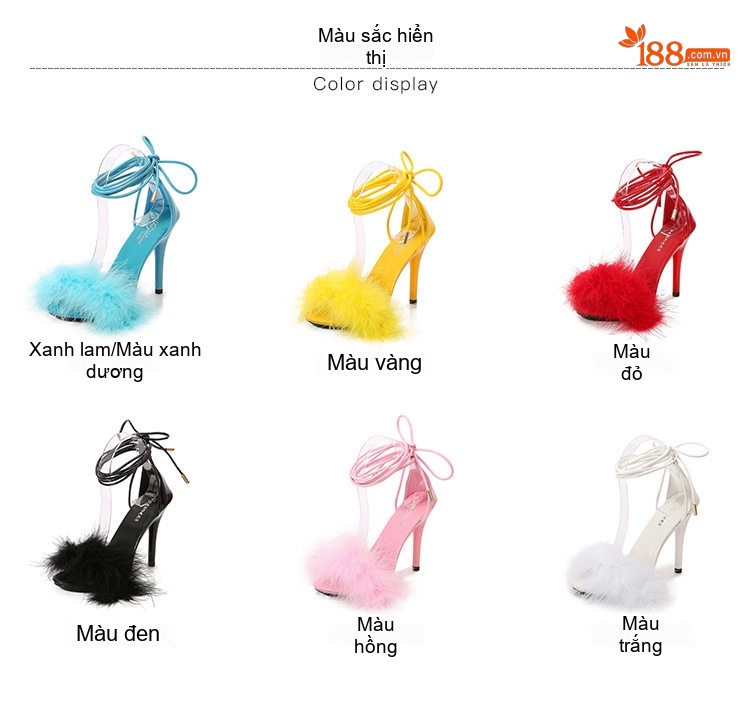 Giày Sandal Cao Gót Nữ Quai Dây Gót Nhọn Đính Lông Gót Cao 11cm Màu Đen, Đỏ, Trắng, Vàng... chi tiết 3