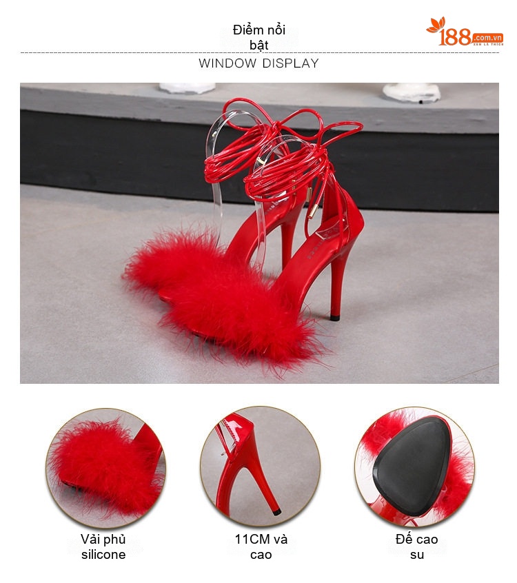 Giày Sandal Cao Gót Nữ Quai Dây Gót Nhọn Đính Lông Gót Cao 11cm Màu Đen, Đỏ, Trắng, Vàng... chi tiết 5