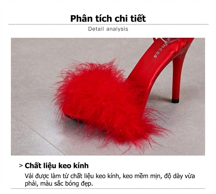 Giày Sandal Cao Gót Nữ Quai Dây Gót Nhọn Đính Lông Gót Cao 11cm Màu Đen, Đỏ, Trắng, Vàng... chi tiết 6