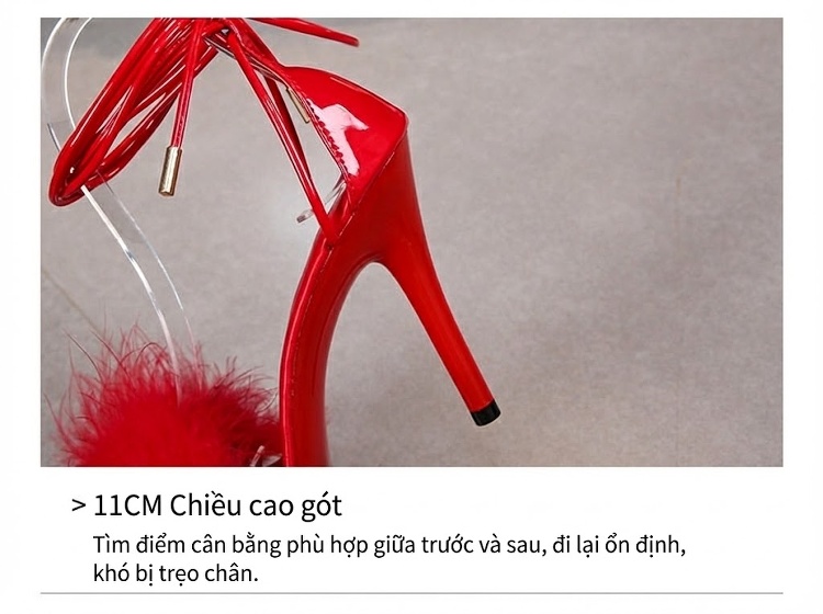 Giày Sandal Cao Gót Nữ Quai Dây Gót Nhọn Đính Lông Gót Cao 11cm Màu Đen, Đỏ, Trắng, Vàng... chi tiết 7