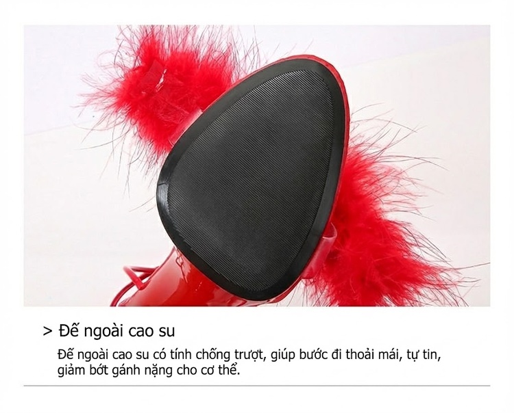 Giày Sandal Cao Gót Nữ Quai Dây Gót Nhọn Đính Lông Gót Cao 11cm Màu Đen, Đỏ, Trắng, Vàng... chi tiết 8