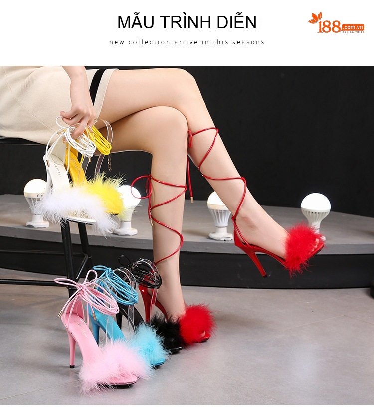 Giày Sandal Cao Gót Nữ Quai Dây Gót Nhọn Đính Lông Gót Cao 11cm Màu Đen, Đỏ, Trắng, Vàng... chi tiết 9