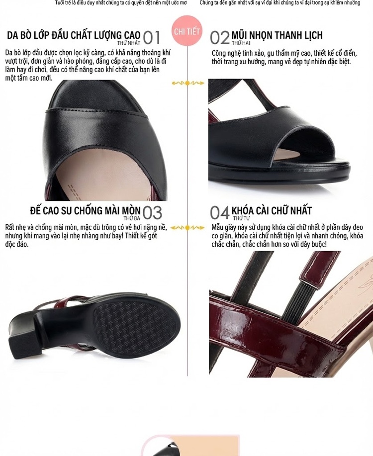Giày Sandal Cao Gót Nữ Hở Ngón Quai Hậu Gót Vuông Da Bóng Gót Cao 7cm - 8cm Màu Đen, Kem, Đỏ chi tiết 8