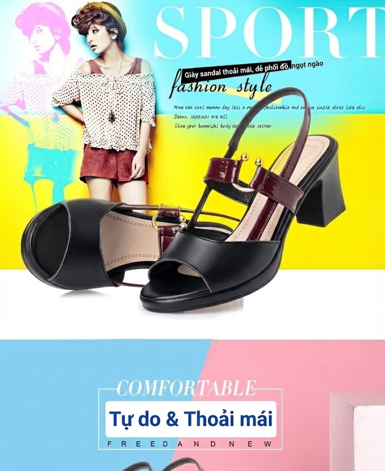 Giày Sandal Cao Gót Nữ Hở Ngón Quai Hậu Gót Vuông Da Bóng Gót Cao 7cm - 8cm Màu Đen, Kem, Đỏ chi tiết 1