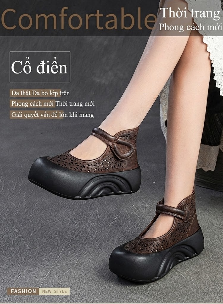Dép Sandal Nữ Cao Cổ Đế Xuồng Lỗ Thoáng Khí Đế Cao 5cm - 6cm Màu Nâu, Đen chi tiết 1