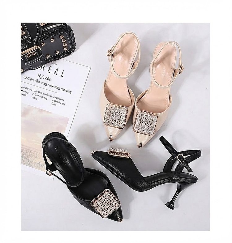 Giày Sandal Cao Gót Nữ Mũi Nhọn Quai Hậu Đính Đá Gót Cao 7cm - 8cm Màu Đen, Kem chi tiết 29
