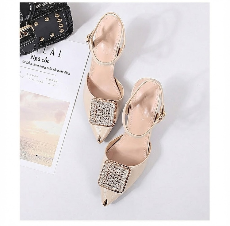 Giày Sandal Cao Gót Nữ Mũi Nhọn Quai Hậu Đính Đá Gót Cao 7cm - 8cm Màu Đen, Kem chi tiết 25