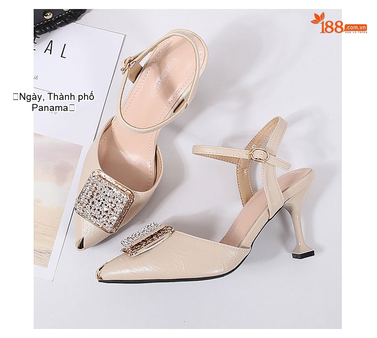 Giày Sandal Cao Gót Nữ Mũi Nhọn Quai Hậu Đính Đá Gót Cao 7cm - 8cm Màu Đen, Kem chi tiết 26