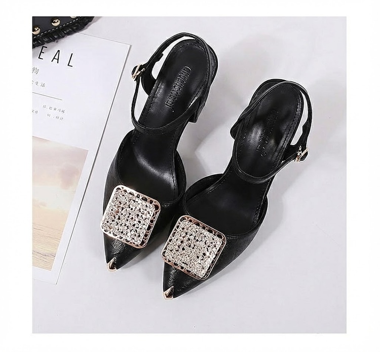 Giày Sandal Cao Gót Nữ Mũi Nhọn Quai Hậu Đính Đá Gót Cao 7cm - 8cm Màu Đen, Kem chi tiết 31