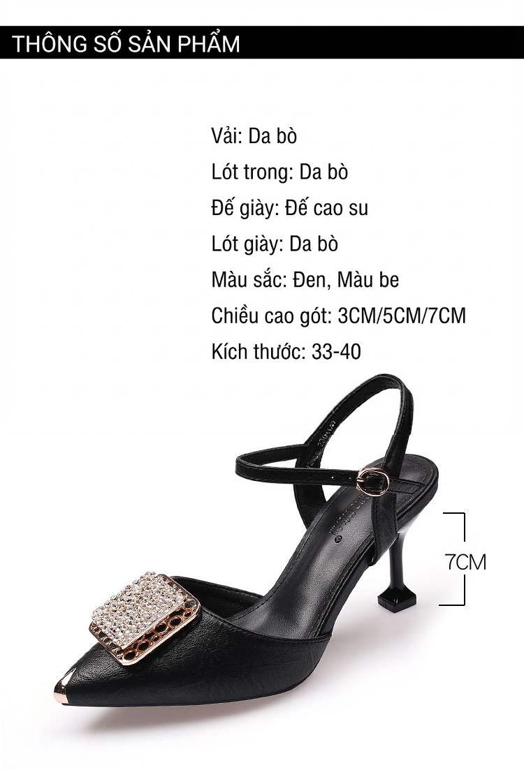 Giày Sandal Cao Gót Nữ Mũi Nhọn Quai Hậu Đính Đá Gót Cao 7cm - 8cm Màu Đen, Kem chi tiết 5