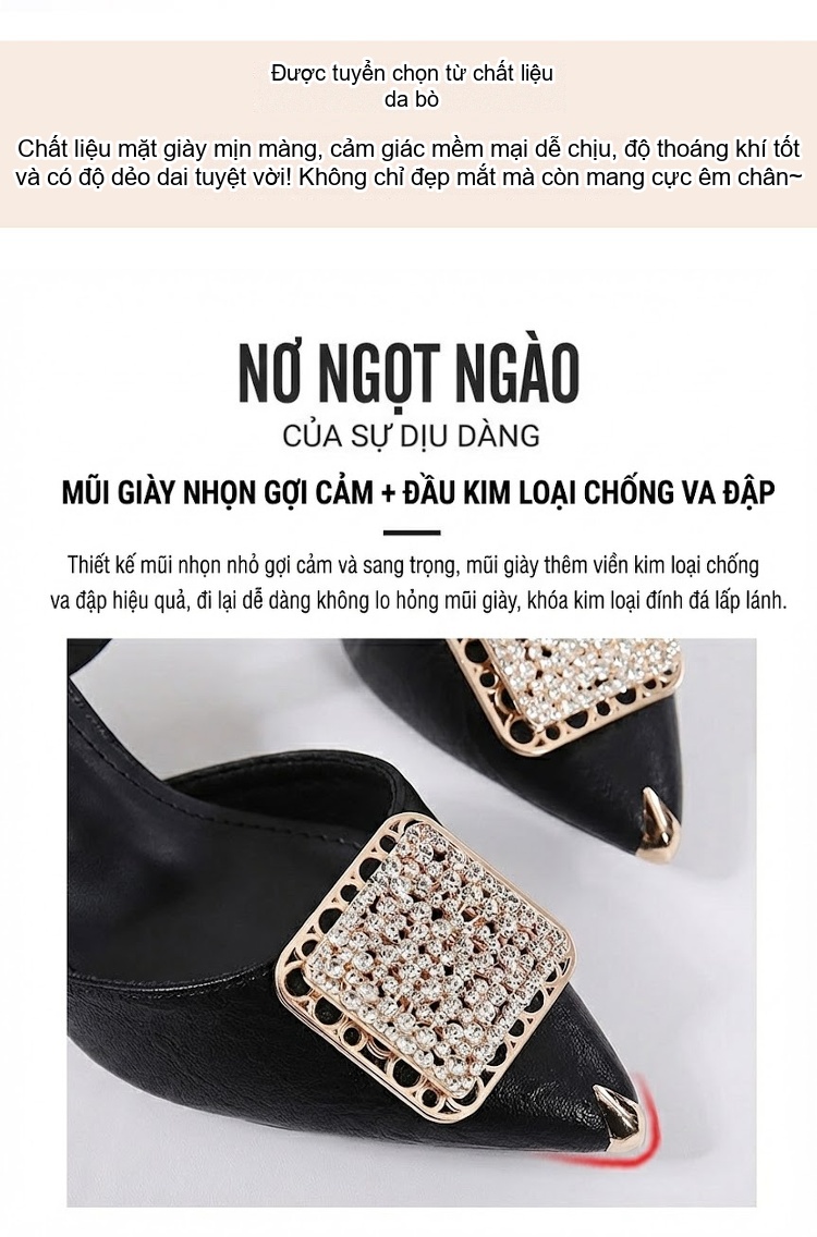 Giày Sandal Cao Gót Nữ Mũi Nhọn Quai Hậu Đính Đá Gót Cao 7cm - 8cm Màu Đen, Kem chi tiết 6