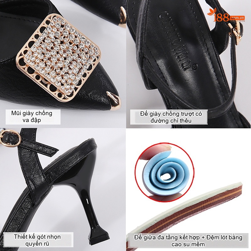 Giày Sandal Cao Gót Nữ Mũi Nhọn Quai Hậu Đính Đá Gót Cao 7cm - 8cm Màu Đen, Kem