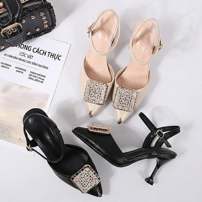 Giày Sandal Cao Gót Nữ Mũi Nhọn Quai Hậu Đính Đá Gót Cao 7cm - 8cm Màu Đen, Kem