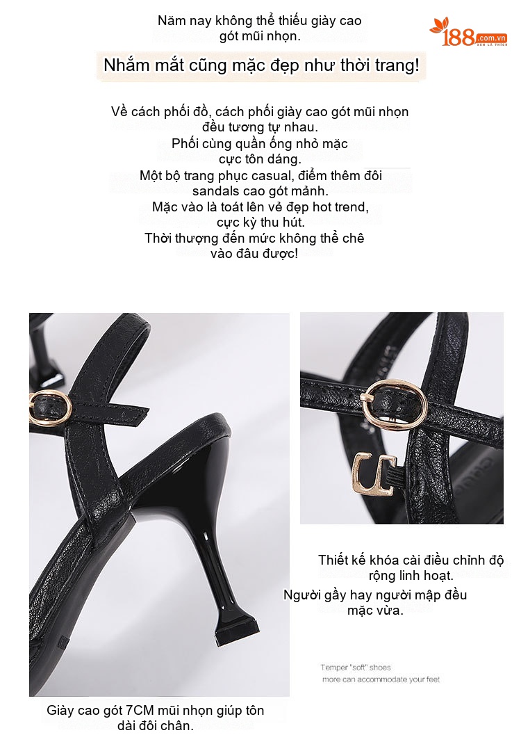 Giày Sandal Cao Gót Nữ Mũi Nhọn Quai Hậu Đính Đá Gót Cao 7cm - 8cm Màu Đen, Kem chi tiết 2