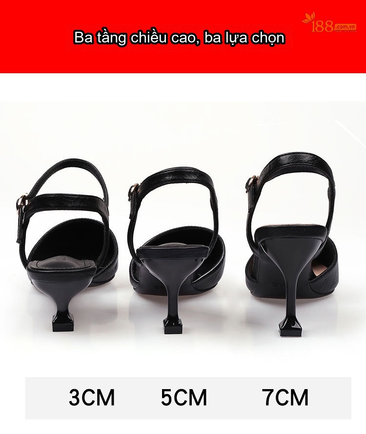 Giày Sandal Cao Gót Nữ Mũi Nhọn Quai Hậu Đính Đá Gót Cao 7cm - 8cm Màu Đen, Kem chi tiết 4