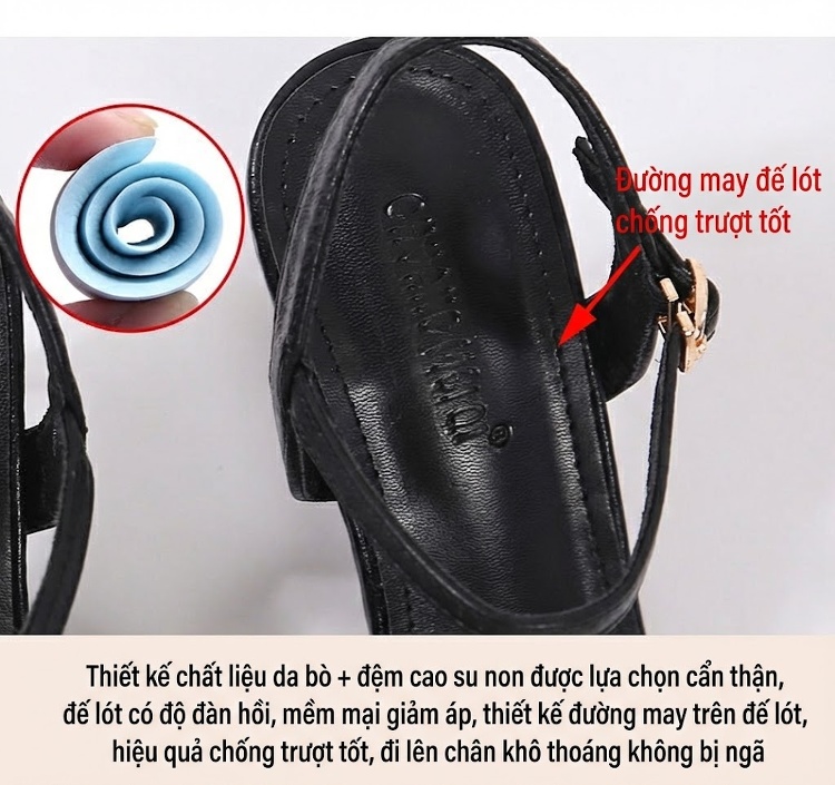 Giày Sandal Cao Gót Nữ Mũi Nhọn Quai Hậu Đính Đá Gót Cao 7cm - 8cm Màu Đen, Kem chi tiết 7