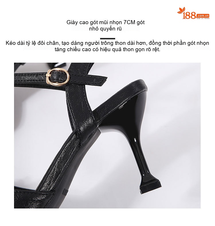 Giày Sandal Cao Gót Nữ Mũi Nhọn Quai Hậu Đính Đá Gót Cao 7cm - 8cm Màu Đen, Kem chi tiết 9