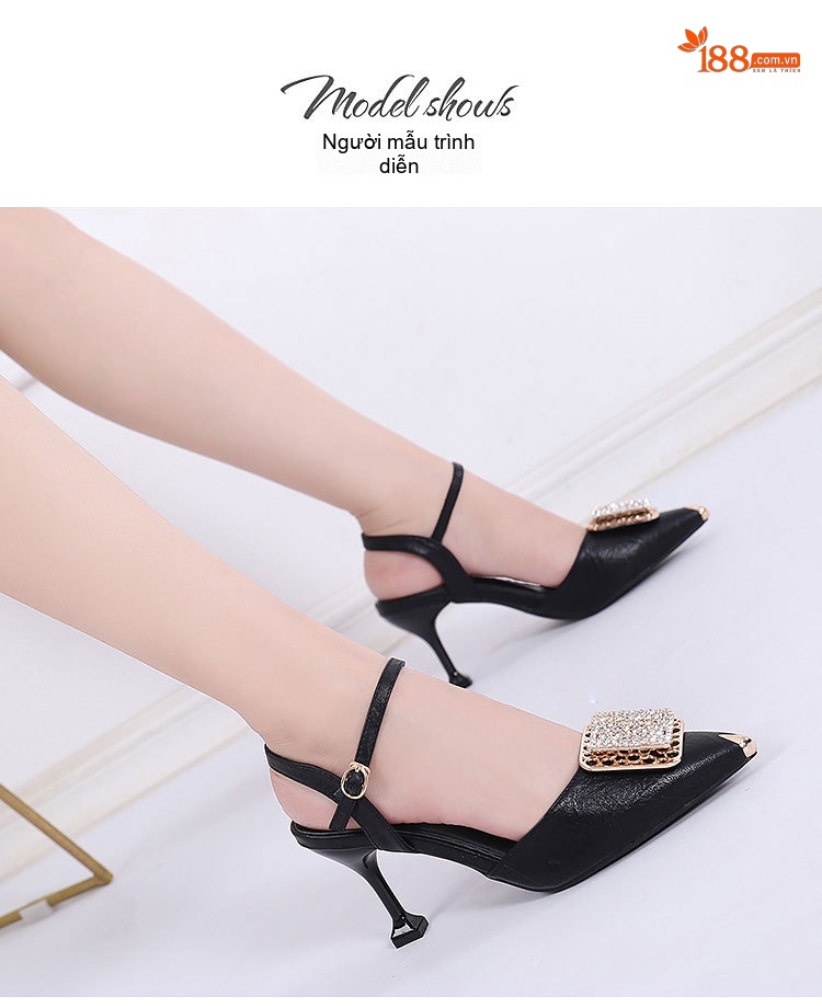 Giày Sandal Cao Gót Nữ Mũi Nhọn Quai Hậu Đính Đá Gót Cao 7cm - 8cm Màu Đen, Kem chi tiết 11