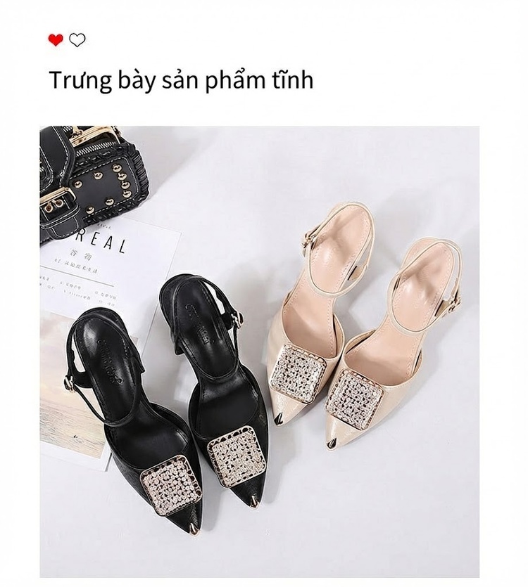 Giày Sandal Cao Gót Nữ Mũi Nhọn Quai Hậu Đính Đá Gót Cao 7cm - 8cm Màu Đen, Kem chi tiết 23