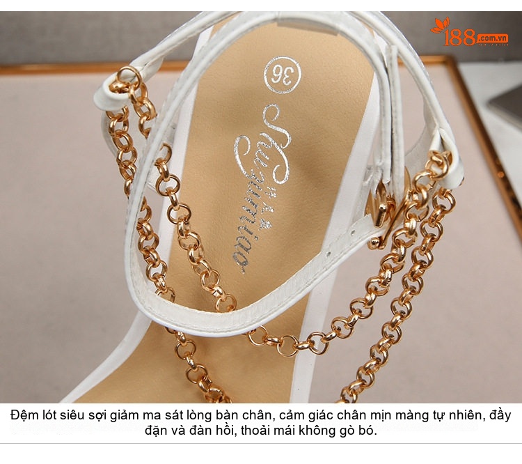 Giày Sandal Cao Gót Nữ Quai Mảnh Gót Ly Đính Dây Xích Gót Cao 8cm Màu Đen, Trắng, Đỏ chi tiết 3
