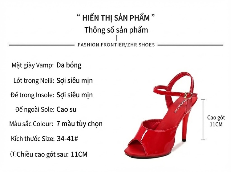 Giày Sandal Cao Gót Nữ Hở Ngón Quai Mảnh Đính Đá Gót Cao 11cm Da Bóng Màu Đen, Trắng, Bạc, Xanh... chi tiết 2