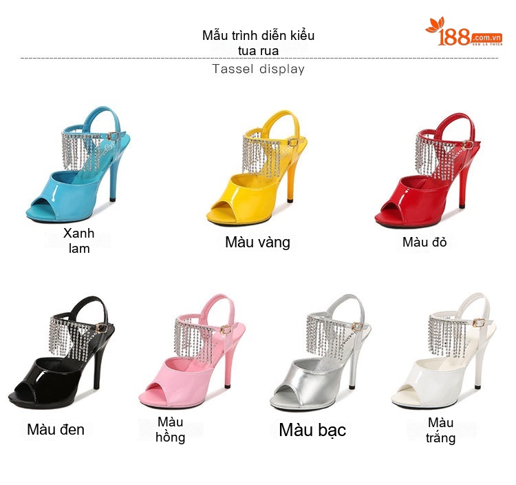 Giày Sandal Cao Gót Nữ Hở Ngón Quai Mảnh Đính Đá Gót Cao 11cm Da Bóng Màu Đen, Trắng, Bạc, Xanh... chi tiết 3
