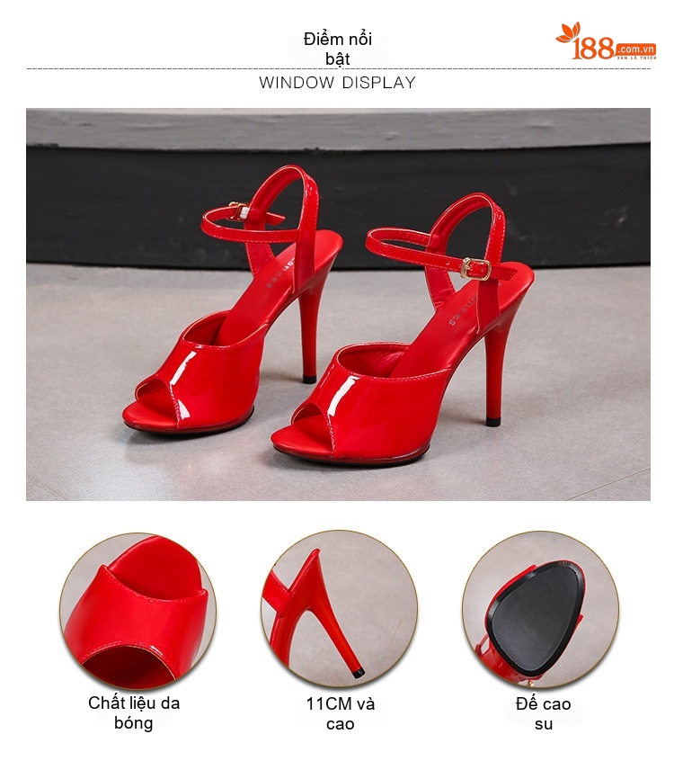 Giày Sandal Cao Gót Nữ Hở Ngón Quai Mảnh Đính Đá Gót Cao 11cm Da Bóng Màu Đen, Trắng, Bạc, Xanh... chi tiết 5