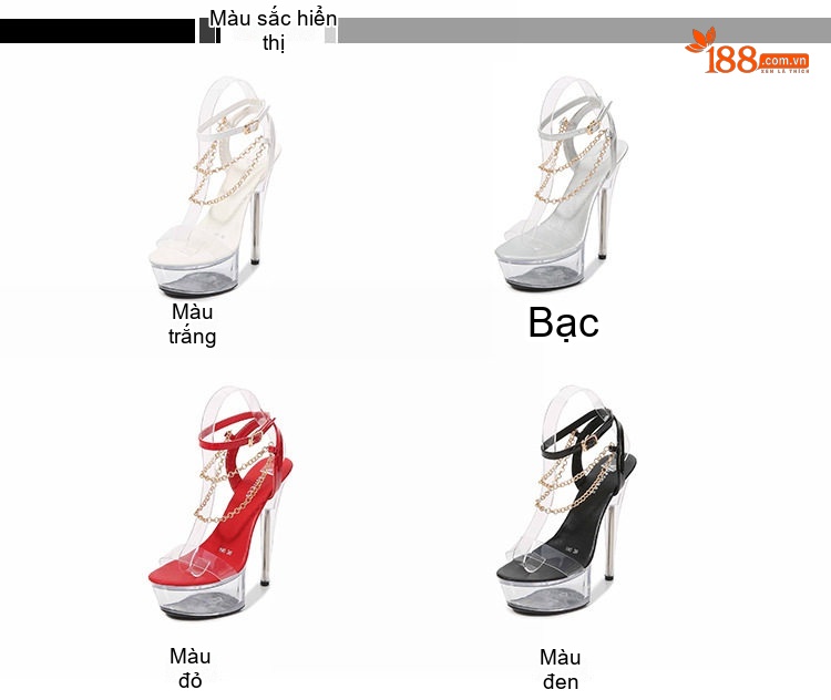 Giày Sandal Cao Gót Nữ Quai Trong Suốt Gót Nhọn 13cm - 15cm Màu Đen, Trắng, Đỏ, Bạc... chi tiết 2