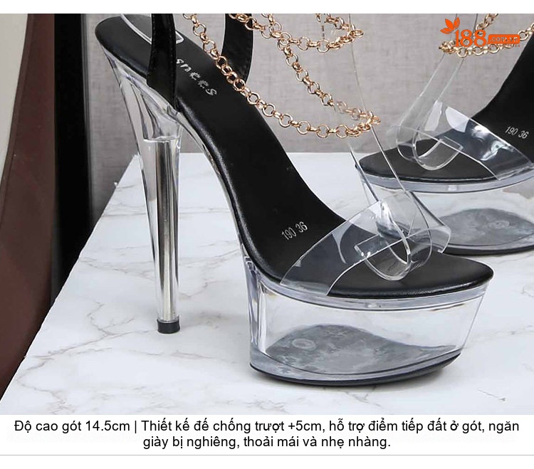 Giày Sandal Cao Gót Nữ Quai Trong Suốt Gót Nhọn 13cm - 15cm Màu Đen, Trắng, Đỏ, Bạc... chi tiết 4